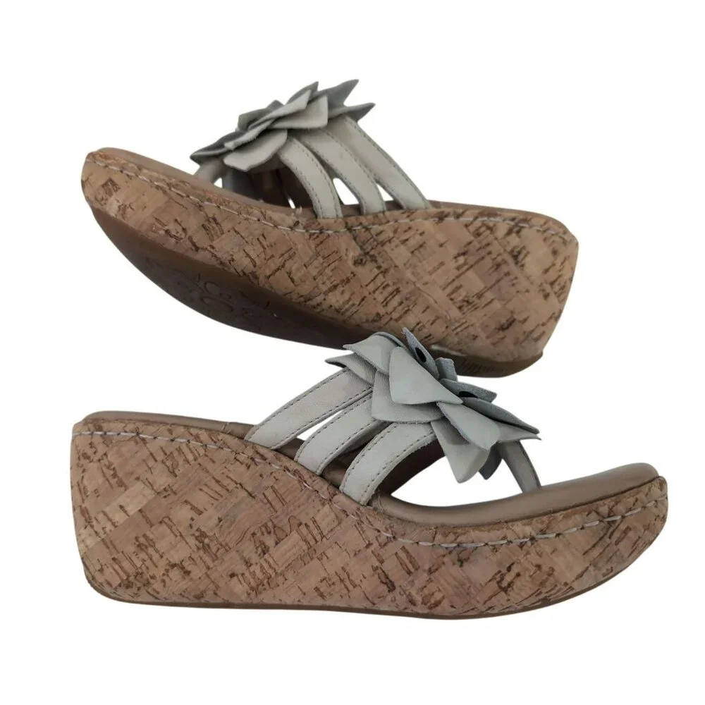 Born Sandal Womens 6 Beige Wedge Platform Slip On‎ Cork Flower Boho Chic